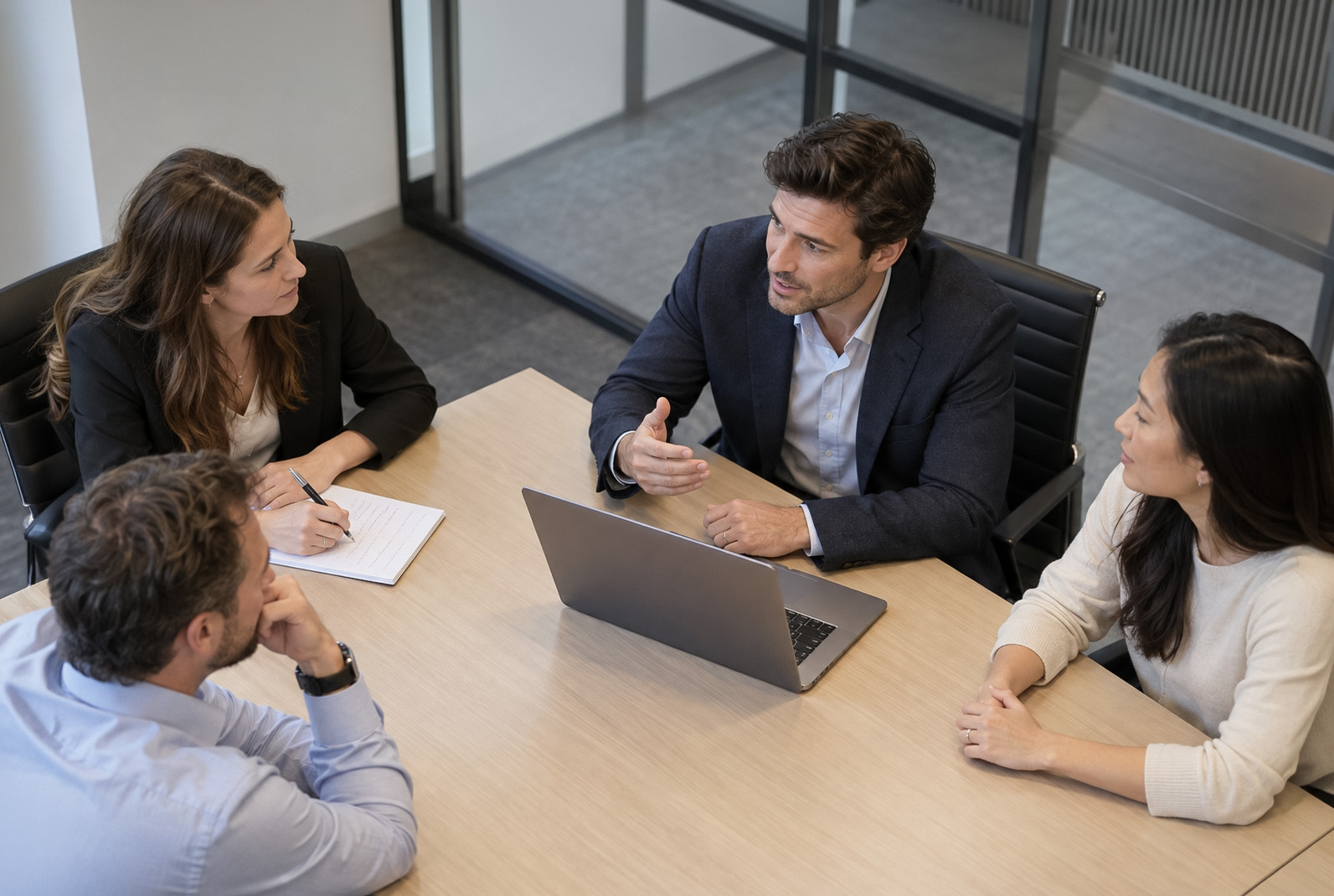 Business team turning spoken information into useful work