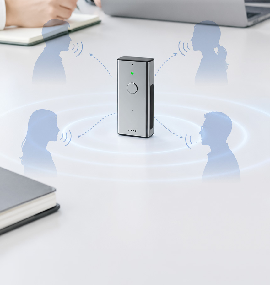 Hearit.ai microphone capturing a business conversation