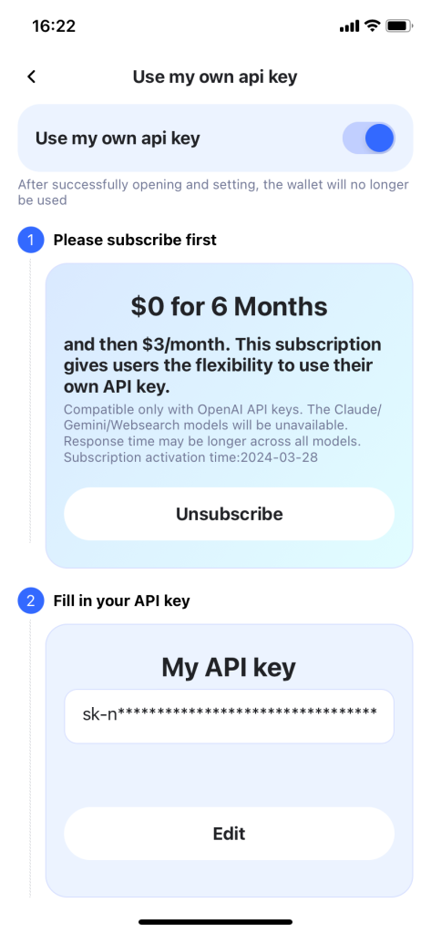 Screenshot of using your own API key in Hearit.ai App